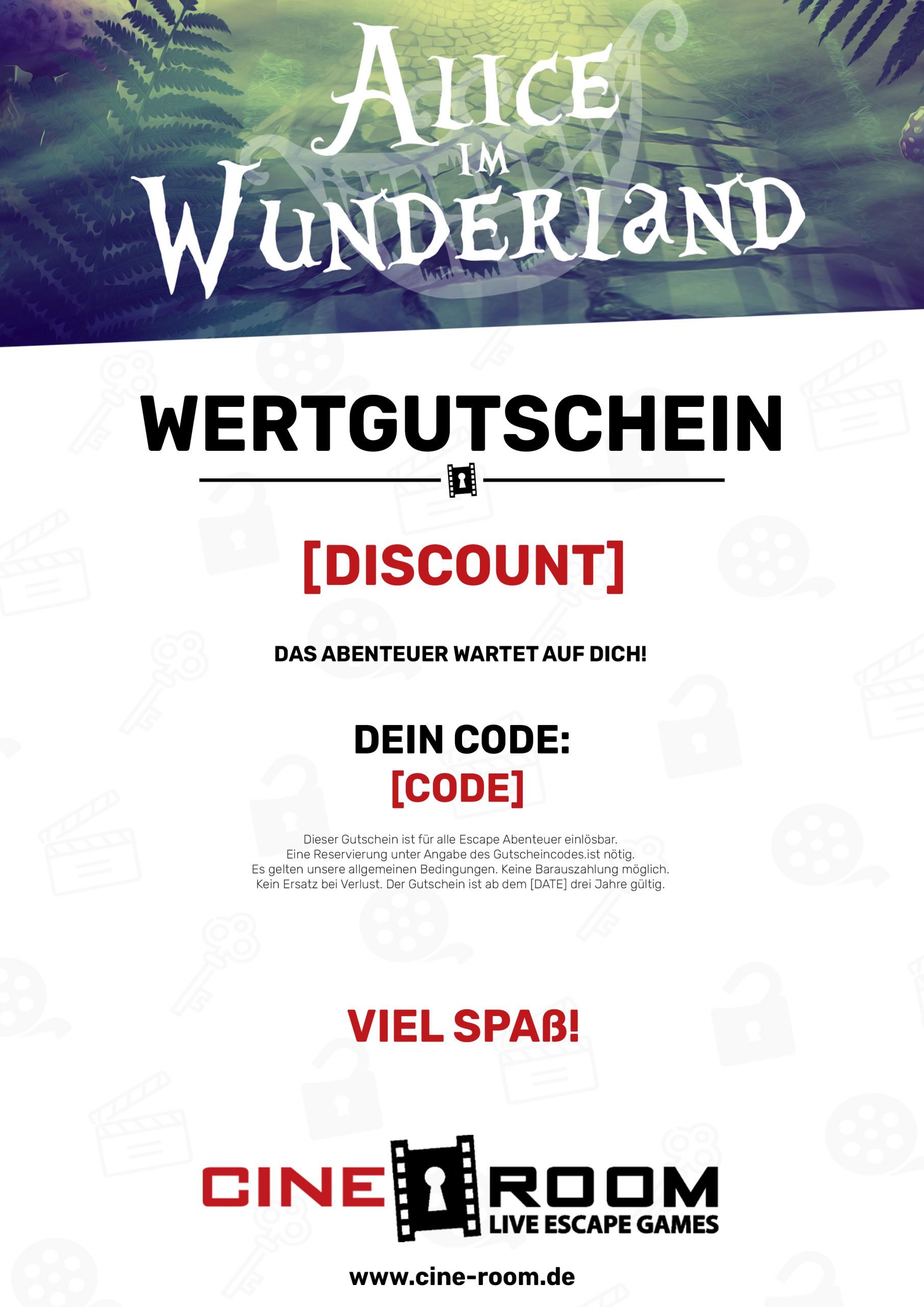 Gutschein-Design „Alice im Wunderland“ – CineRoom Bamberg